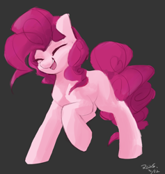 Size: 4489x4733 | Tagged: safe, artist:rainsketch, pinkie pie, earth pony, pony, g4, absurd resolution, dark background, eyes closed, female, full body, gray background, hooves, mare, open mouth, open smile, raised hoof, signature, simple background, smiling, solo, standing, tail
