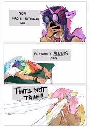 Size: 2638x3731 | Tagged: safe, artist:ametff3, fluttershy, rainbow dash, twilight sparkle, human, g4, alicorn humanization, alternate hairstyle, blatant lies, clothes, comic, crying, eared humanization, facepalm, female, fluttercry, glasses, high res, horn, horned humanization, humanized, necktie, ocular gushers, rainbow douche, sad, scar, shirt, simple background, sweater, t-shirt, table, trio, white background, winged humanization, wristband