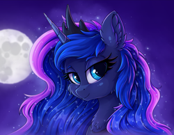 Size: 2592x2016 | Tagged: safe, artist:zeepheru_pone, princess luna, alicorn, pony, g4, bust, chest fluff, ear fluff, ethereal mane, female, high res, looking at you, mare, moon, peytral, portrait, smiling, smiling at you, solo, starry mane