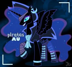 Size: 1280x1190 | Tagged: safe, artist:syrikatsyriskater, nightmare moon, alicorn, pony, g4, alternate hairstyle, alternate universe, bandage, boots, bracelet, clothes, coat, ear piercing, earring, eyepatch, eyeshadow, female, grin, hat, jewelry, makeup, mare, piercing, pirate, pirate hat, raised hoof, shoes, smiling, solo