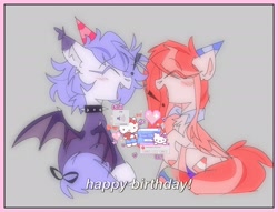 Size: 2048x1568 | Tagged: safe, artist:blairvonglitter, oc, oc only, oc:poneco, bat pony, pegasus, pony, duo, duo female, exclamation point, eyes closed, female, gray background, happy birthday, hat, heart, hello kitty, hello kitty (character), kitty white, mare, open mouth, party hat, sanrio, simple background, wings