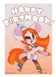 Size: 742x1024 | Tagged: safe, artist:oc_ponys, oc, oc only, oc:poneco, pegasus, pony, 2021, clothes, female, happy birthday, hat, looking at you, mare, one eye closed, party hat, simple background, small wings, socks, solo, text, white background, wings, wink, winking at you