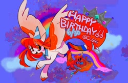 Size: 1190x775 | Tagged: safe, artist:hanamario87, oc, oc only, oc:poneco, pegasus, pony, clothes, female, happy birthday, hat, mare, mouse cursor, party hat, socks, solo, spread wings, wings