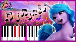 Size: 1280x720 | Tagged: safe, screencap, ivory cedar, izzy moonbow, sunny starscout, earth pony, pony, unicorn, g5, my little pony: a new generation, spoiler:my little pony: a new generation, female, keyboard, looking back, looking out for you, mare, music notes, open mouth, solo, youtube link, youtube thumbnail