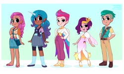 Size: 4096x2457 | Tagged: safe, artist:syrupyyy, hitch trailblazer, izzy moonbow, pipp petals, sunny starscout, zipp storm, human, g5, my little pony: a new generation, alternate hairstyle, bag, belt, boots, bracelet, clothes, crown, cute, dark skin, dress, ear piercing, earring, elf ears, female, fishnet clothing, flats, flip-flops, friendship bracelet, grin, high heels, horn, horned humanization, humanized, jeans, jewelry, leggings, light skin, lipstick, male, mane five, midriff, moderate dark skin, necklace, open mouth, pale skin, pants, piercing, pipp is short, regalia, sandals, satchel, sheriff's badge, shirt, shoes, shorts, shoulderless, siblings, sisters, size difference, skirt, smiling, socks, stockings, t-shirt, tan skin, thigh highs, twilight sparkle's cutie mark, undercut, vest, winged humanization, wings