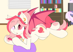 Size: 5047x3602 | Tagged: safe, artist:gnashie, oc, oc only, oc:blood moon, oc:sketchy heart, bat pony, :o, bat pony oc, blind eye, blinds, bookshelf, chair, controller, ear piercing, earring, eyebrows, eyebrows visible through hair, frog (hoof), jewelry, joycon, lying down, necklace, open mouth, picture frame, piercing, pillow, ponytail, underhoof, window, wings