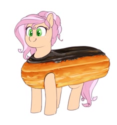 Size: 937x1000 | Tagged: safe, artist:sirmasterdufel, oc, oc only, oc:claire, earth pony, pony, clothes, costume, eclair, eclair costume, female, food, food costume, mare, not fluttershy, pun, simple background, smiling, solo, visual pun, white background