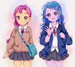 Size: 2570x2267 | Tagged: safe, artist:moh_mlp2, izzy moonbow, sunny starscout, equestria girls, g4, g5, anime style, bag, clothes, cute, cutie mark on clothes, duo, duo female, equestria girls-ified, female, fluttershy's cutie mark, high res, horn, izzybetes, looking at you, rainbow dash's cutie mark, saddle bag, school uniform, skirt, sunnybetes, twilight sparkle's cutie mark