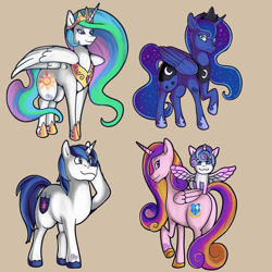 Size: 1024x1024 | Tagged: safe, artist:kenisu-of-dragons, princess cadance, princess celestia, princess flurry heart, princess luna, shining armor, alicorn, pony, unicorn, g4, alicorn triarchy, baby, baby pony, butt, crown, ethereal mane, female, filly, foal, hoof shoes, jewelry, looking at you, lovebutt, male, mare, mother and child, mother and daughter, plot, raised hoof, regalia, royal sisters, salute, siblings, simple background, sisters, smiling, stallion, starry mane, starry tail, tail, tan background
