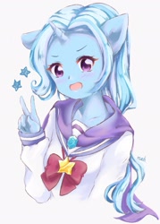 Size: 1463x2048 | Tagged: safe, artist:moh_mlp2, trixie, unicorn, anthro, g4, brooch, bust, clothes, cute, diatrixes, female, horn, jewelry, looking at you, mare, open mouth, peace sign, ribbon, school uniform, simple background, solo, stars, trixie's brooch, white background