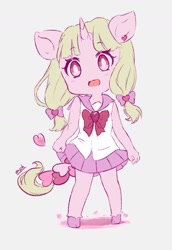 Size: 1021x1480 | Tagged: safe, artist:moh_mlp2, oc, oc only, oc:yuno, unicorn, anthro, unguligrade anthro, clothes, cute, female, food, gray background, heart, horn, looking at you, mare, ocbetes, open mouth, ribbon, school uniform, simple background, skirt, solo, strawberry