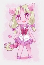 Size: 1021x1480 | Tagged: safe, artist:moh_mlp2, oc, oc only, oc:yuno, unicorn, anthro, unguligrade anthro, clothes, cute, female, food, heart, horn, looking at you, mare, ocbetes, open mouth, ribbon, school uniform, skirt, solo, strawberry
