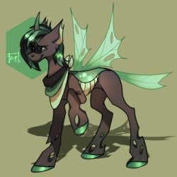 Size: 1800x1800 | Tagged: safe, artist:defiant_fox, artist:defiantfox, oc, oc only, changeling, changeling oc, green changeling, raised hoof, simple background, solo