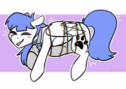 Size: 3508x2480 | Tagged: safe, artist:jellysketch, oc, oc only, oc:snow pup, pegasus, pony, blush sticker, blushing, christmas, christmas lights, collar, high res, holiday, solo, tangled up