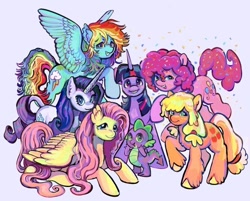 Size: 640x515 | Tagged: safe, artist:renolunio, applejack, fluttershy, pinkie pie, rainbow dash, rarity, spike, twilight sparkle, dragon, earth pony, pegasus, pony, unicorn, g4, confetti, mane seven, mane six, purple background, simple background