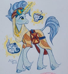 Size: 1957x2126 | Tagged: safe, artist:creeate97, hoo'far, pony, unicorn, g4, cup, magic, solo, teacup, teapot, telekinesis, traditional art, unshorn fetlocks