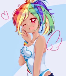 Size: 1791x2048 | Tagged: safe, artist:moh_mlp2, kotobukiya, rainbow dash, human, g4, adorasexy, bare shoulders, blue background, breasts, clothes, cute, cutie mark on clothes, dashabetes, female, heart, humanized, kotobukiya rainbow dash, looking at you, one eye closed, open mouth, sexy, simple background, sleeveless, solo, wings, wink, winking at you