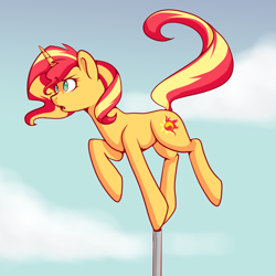 Size: 1024x1024 | Tagged: safe, artist:maeveadair, sunset shimmer, pony, unicorn, balancing, confused, cute, female, mare, pole, shimmerbetes, sky, solo