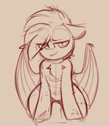 Size: 1160x1342 | Tagged: safe, artist:yoditax, oc, oc only, bat pony, pony, semi-anthro, arm hooves, bat pony oc, bedroom eyes, chest fluff, floppy ears, human shoulders, monochrome, sketch, solo