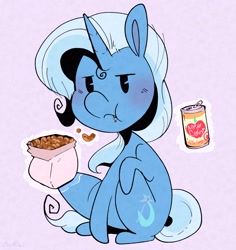 Size: 2436x2584 | Tagged: safe, artist:urbanqhoul, trixie, pony, unicorn, g4, apple cider, drink, eating, female, food, high res, magic, mare, solo, trixie is not amused, unamused