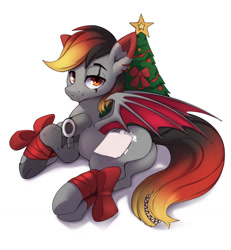 Size: 1185x1280 | Tagged: safe, artist:hitbass, oc, oc:traga, bat pony, cyborg, pony, christmas, christmas tree, cute, fangs, holiday, male, simple background, slit pupils, solo, tail, tailmouth, tree, white background