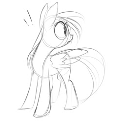 Size: 2000x2000 | Tagged: safe, artist:meekcheep, pegasus, pony, exclamation point, grayscale, high res, looking back, monochrome, simple background, sketch, solo, white background