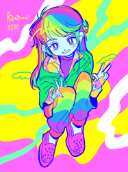 Size: 1628x2178 | Tagged: safe, artist:0828m, rainbow dash, equestria girls, g4, abstract background, clothes, female, jewelry, looking at you, necklace, needs more saturation, peace sign, psychedelic, solo, wings