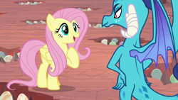 Size: 1280x720 | Tagged: safe, screencap, fluttershy, princess ember, dragon, pegasus, pony, g4, sweet and smoky, dragon egg, dragoness, duo, duo female, egg, female, hand on hip, mare