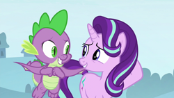 Size: 1280x720 | Tagged: safe, screencap, spike, starlight glimmer, dragon, pony, unicorn, a matter of principals, g4, female, grin, looking at each other, male, mare, nervous, nervous smile, smiling, smiling at each other, winged spike, wings