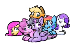 Size: 1152x687 | Tagged: safe, artist:zutcha, applejack, fluttershy, pinkie pie, rainbow dash, rarity, twilight sparkle, alicorn, earth pony, pegasus, pony, unicorn, g4, :p, female, group, lying down, mane six, mare, prone, simple background, tongue out, twilight sparkle (alicorn), white background