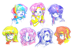 Size: 3770x2644 | Tagged: safe, artist:0828m, applejack, fluttershy, pinkie pie, rainbow dash, rarity, sunset shimmer, twilight sparkle, human, equestria girls, g4, angry, bust, colored, crying, doubt, eyes closed, hair over one eye, high res, humane five, humane seven, humane six, o mouth, open mouth, simple background, surprised, sweat, sweatdrop, teary eyes, uneasy, white background, worried