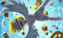 Size: 2000x1200 | Tagged: safe, artist:darksly, derpy hooves, pinkie pie, rainbow dash, earth pony, pegasus, pony, g4, belly, both cutie marks, box, eyes closed, falling, mail, mailmare, open mouth, open smile, package, smiling, solo focus, spread wings, wings