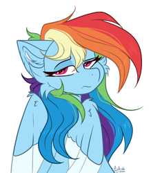 Size: 3600x3824 | Tagged: safe, artist:tizhonolulu, rainbow dash, pegasus, pony, g4, cheek fluff, ear fluff, high res, simple background, solo, unamused, white background, wings