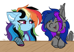 Size: 3696x2608 | Tagged: safe, artist:tizhonolulu, rainbow dash, oc, bat pony, pegasus, pony, g4, cheek fluff, clothes, duo, emo, emodash, goth, high res, simple background, stockings, thigh highs, white background