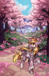 Size: 1105x1698 | Tagged: safe, artist:lonerdemiurge_nail, derpy hooves, alicorn, pony, g4, alicornified, cherry blossoms, clothes, cloud, derpicorn, flower, flower blossom, petals, race swap, road, scarf, sky, solo, tree