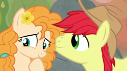 Size: 1280x720 | Tagged: safe, screencap, bright mac, pear butter, earth pony, pony, g4, season 7, the perfect pear, brightabetes, cute, duo, female, male, mare, pearabetes, shipping, stallion