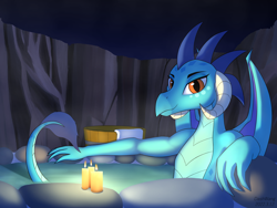 Size: 3000x2250 | Tagged: safe, artist:dash wang, princess ember, dragon, g4, bathing, candle, female, high res, hinoki, looking at you, onsen, relaxing, slit pupils, solo, towel, water, wings