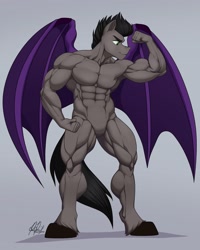 Size: 1639x2048 | Tagged: safe, artist:ponyanony, oc, oc only, bat pony, anthro, unguligrade anthro, barbie doll anatomy, biceps, featureless crotch, flexing, male, muscles, pecs, solo, triceps