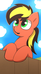 Size: 2160x3840 | Tagged: safe, artist:monycaalot, oc, oc only, oc:golden blast, pegasus, pony, art trade, cloud, cute, fence, green eyes, high res, looking up, male, open mouth, pegasus oc, simple background, sky, solo