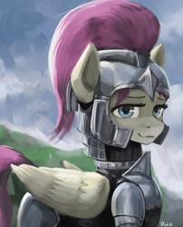 Size: 1848x2282 | Tagged: safe, artist:printik, oc, oc only, oc:violet dawn, pegasus, pony, equestria at war mod, armor, female, guardsmare, helmet, mare, not fluttershy, pegasus oc, pegasus royal guard, royal guard, solo, wings