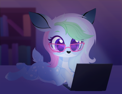 Size: 3000x2333 | Tagged: safe, artist:belka-sempai, oc, oc only, oc:parity bit, deer, bookshelf, commission, computer, deer oc, female, glasses, high res, laptop computer, lying down, prone, solo