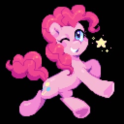 Size: 640x640 | Tagged: safe, artist:hikkage, pinkie pie, earth pony, pony, g4, black background, cute, diapinkes, female, mare, one eye closed, pixel art, simple background, smiling, solo, stars, wink