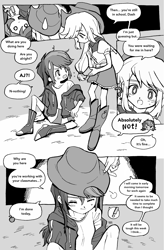 Size: 1430x2180 | Tagged: safe, artist:0828m, applejack, rainbow dash, equestria girls, g4, applejack's hat, clothes, comic, cowboy hat, duo, duo female, female, hat, lesbian, manga, monochrome, ship:appledash, shipping, speech bubble