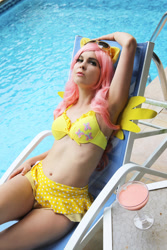 Size: 2000x3000 | Tagged: safe, artist:neoangelwink, fluttershy, human, g4, 2015, armpits, bare shoulders, belly button, bikini, clothes, cosplay, costume, high res, irl, irl human, photo, sleeveless, swimming pool, swimsuit