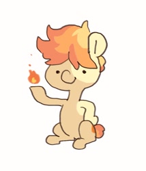 Size: 693x809 | Tagged: safe, artist:ruri0824tby, oc, oc only, oc:flame egg, earth pony, pony, coat markings, female, fire, mare, simple background, sitting, smiling, solo, super powers, white background