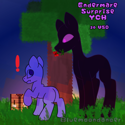 Size: 1640x1639 | Tagged: safe, artist:bluemoon, enderman, enderpony, pony, commission, endermare, exclamation point, flower, grass, holding something, looking down, looking up, mine little pony, minecraft, mouth hold, night, ponified, surprised, tree, ych example, your character here