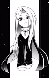 Size: 2440x3850 | Tagged: safe, artist:nekoshiei, fluttershy, pegasus, pony, g4, black and white, ear piercing, earring, eyeshadow, female, fluttergoth, frown, grayscale, high res, jewelry, lidded eyes, makeup, mare, monochrome, piercing, simple background, solo