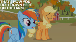 Size: 1280x720 | Tagged: safe, edit, edited screencap, editor:quoterific, screencap, applejack, rainbow dash, earth pony, pegasus, pony, fall weather friends, g4, season 1, applejack's hat, cowboy hat, duo, eyes closed, female, hat, mare, open mouth, open smile, smiling, text