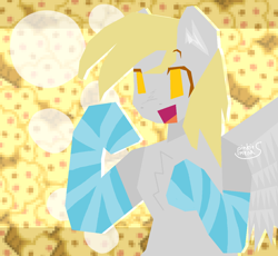 Size: 1168x1076 | Tagged: safe, artist:pinkiemenas, derpy hooves, pegasus, semi-anthro, g4, angular, arm hooves, chest fluff, clothes, ear fluff, food, muffin, open mouth, open smile, smiling, socks, solo, spread wings, striped socks, wings