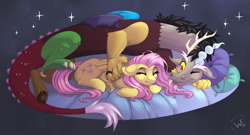 Size: 2851x1534 | Tagged: safe, artist:whlt3fang, discord, fluttershy, draconequus, pegasus, pony, g4, eyes closed, female, high res, jewelry, lying down, male, mare, necklace, one eye closed, pillow, ring, ship:discoshy, shipping, sparkles, stars, straight